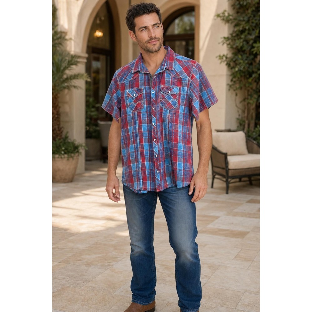 BKE Vintage Western Shirt Men's XL Red Blue Acid Wash Plaid Pearl Snap Cowboy